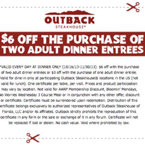 Outback Steakhouse: $6 Off Two (2) Adult Entrees