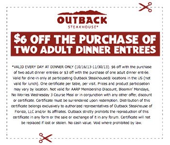 Outback Steakhouse: $6 Off Two (2) Adult Entrees