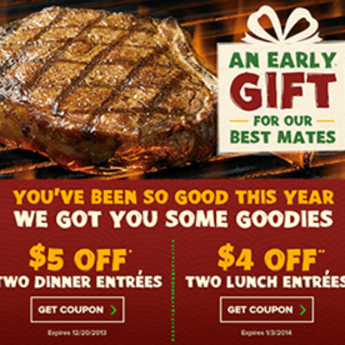Outback Steakhouse: $5 Off (2) Dinner Entrees