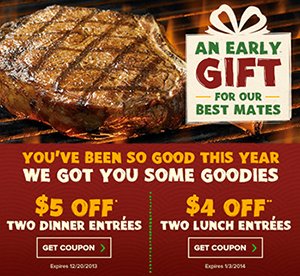 Outback $5 off (2) Dinner Entrees