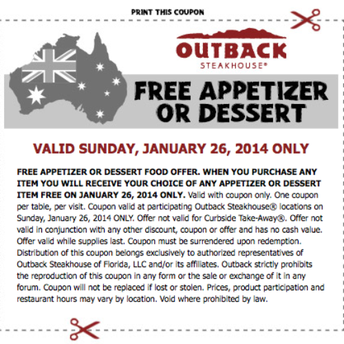 Outback Steakhouse: Free Appetizer or Dessert W/ Purchase