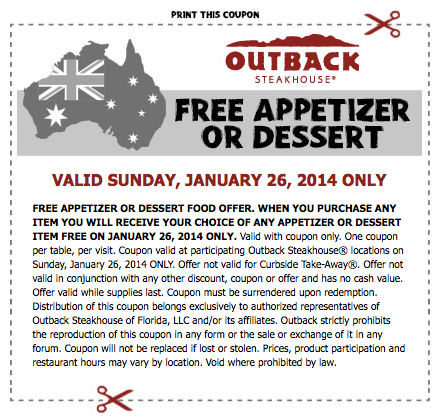 Outback Steakhouse: Free Appetizer or Dessert W/ Purchase