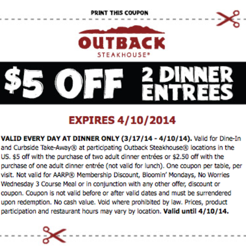 Outback Steakhouse: $5 Off (2) Dinner Entrees « Free 4 Seniors