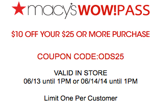 Macy’s Wow! Pass: $10 Off $25 Purchase – 6/13 and 6/14