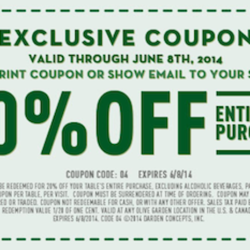 Olive Garden: 20% Off Entire Purchase