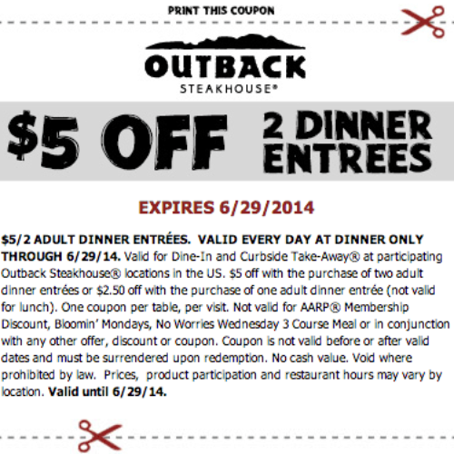 Outback Steakhouse: $5 Off 2 Dinner Entree's