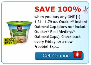 Hot!!! SavingStar Friday Freebie: Free Quaker Instant Oatmeal Cup
