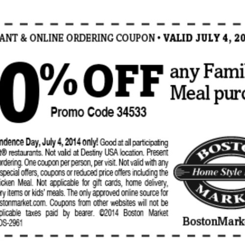Boston Market: 50% Off Any Family Meal - 4th Of July Only