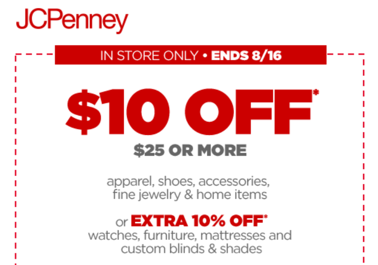 JCPenney: $10 Off $25 In-Store
