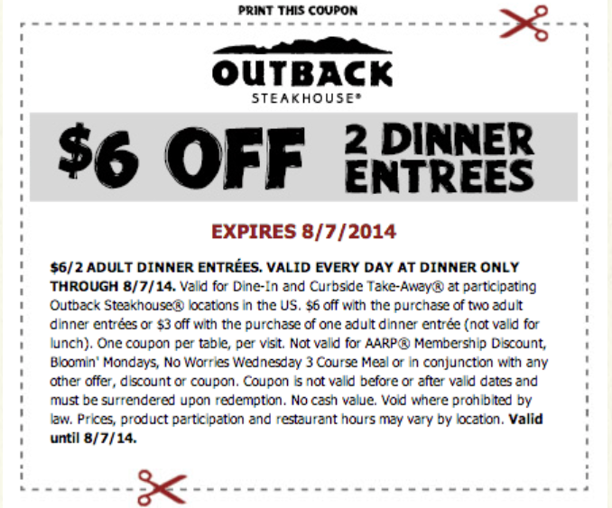 Outback Steakhouse: $6 Off (2) Entrees