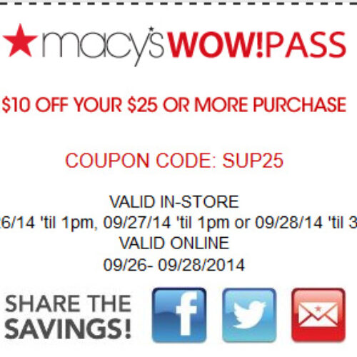 Macy's Wow Pass: $10 Off $25 Or More 9/27 & 9/28