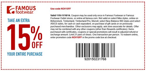 Famous Footwear 15% Off coupon