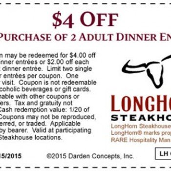 Longhorn: $4 Off 2 Grownup Entrees - Absolutely free 4 Seniors picture relating to Longhorn Printable Coupons called Longhorn: $4 Off 2 Grownup Entrees - Totally free 4 Seniors