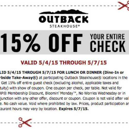 Outback Steakhouse: 15 % Off Entire Check Until 5/7