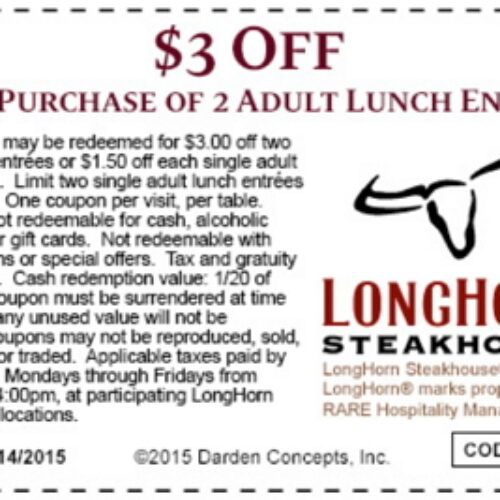 Longhorn: $3 Off 2 Adult Lunch Entrees