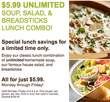Olive Garden: $5.99 Unlimited Soup, Salad, Breadsticks Lunch Combo