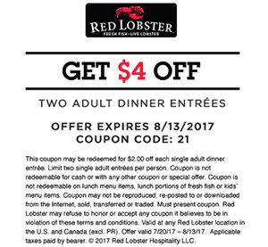 Red Lobster: $4 Off 2 Adult Dinner Entrees