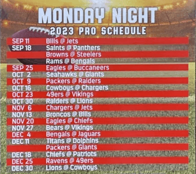 Free Monday Night and Thursday Night Football Schedule Magnet